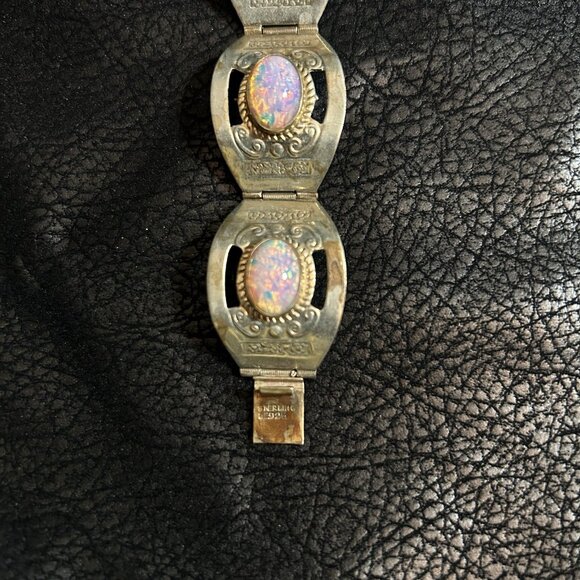 VTG Hecho En Mexico Sterling 925 Glass Opal Cabochon Panel Link Bracelet Sz 7” - Picture 4 of 8